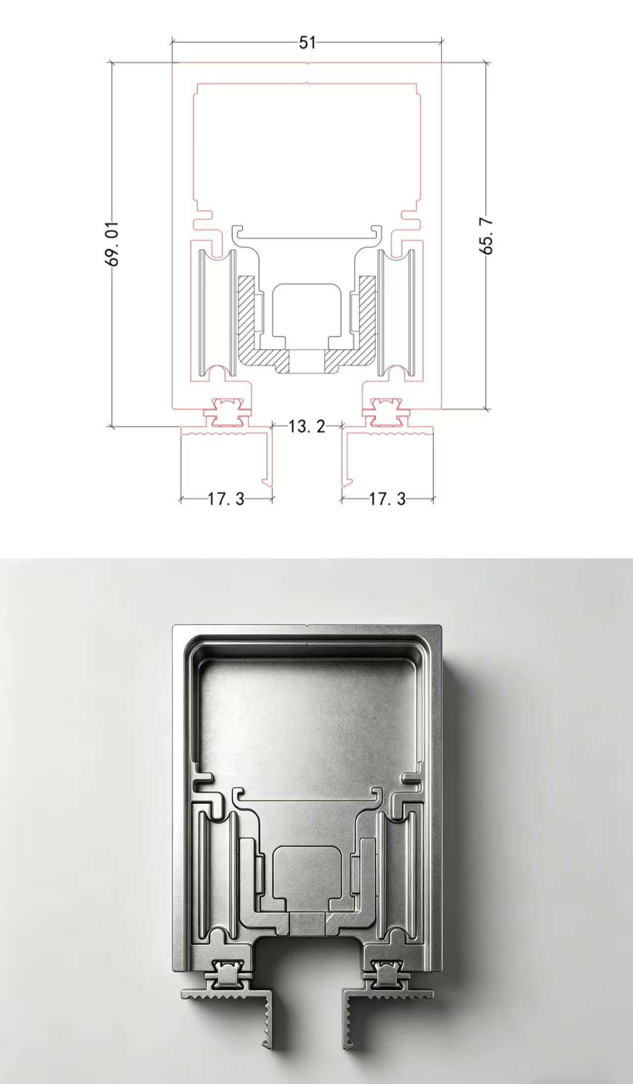完美门型材截面图与剖面实物
